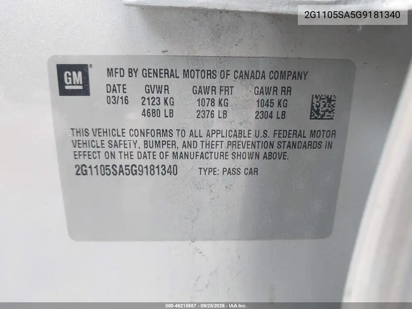 2016 CHEVROLET IMPALA VIN 2G1105SA5G9181340 — фото 9