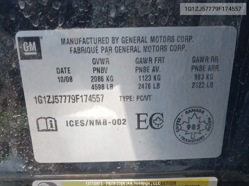 2009 CHEVROLET MALIBU VIN 1G1ZJ57779F174557 — фото 9
