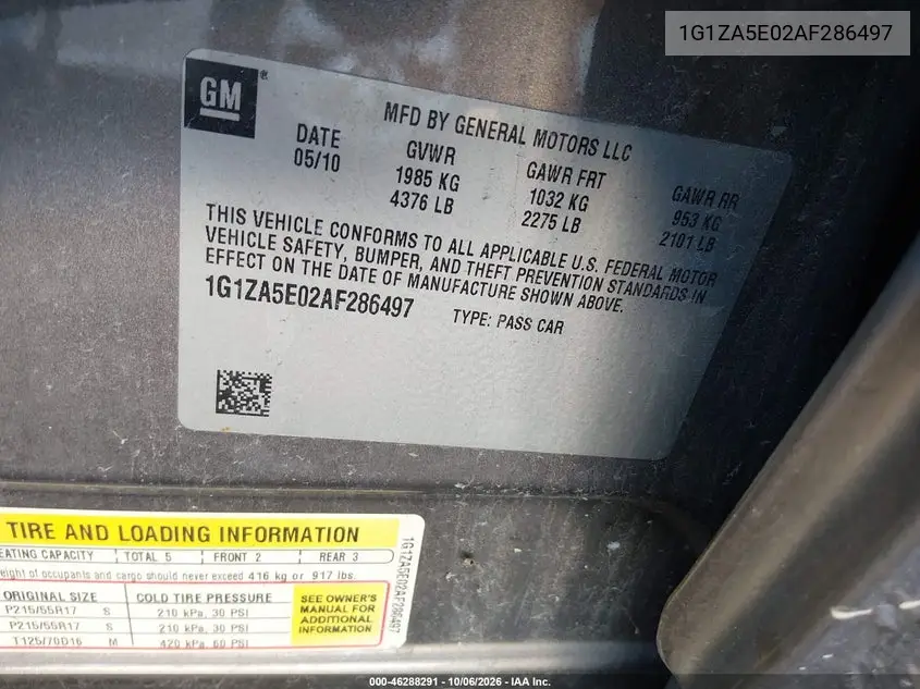 2010 CHEVROLET MALIBU VIN 1G1ZA5E02AF286497 — фото 9