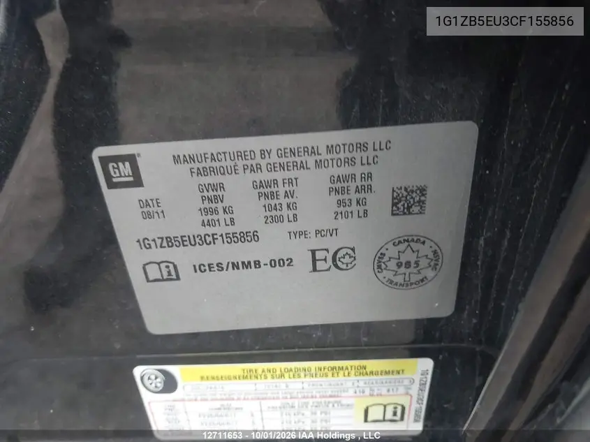 2012 CHEVROLET MALIBU VIN 1G1ZB5EU3CF155856 — фото 9