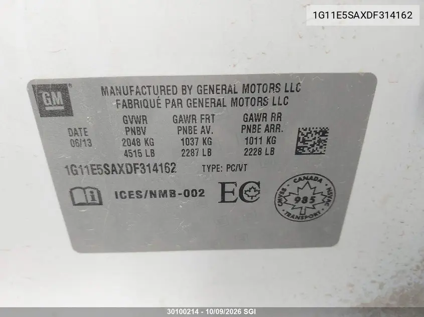 2013 CHEVROLET MALIBU VIN 1G11E5SAXDF314162 — фото 9