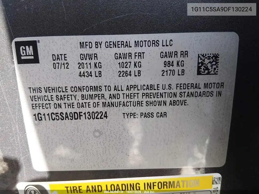 2013 CHEVROLET MALIBU VIN 1G11C5SA9DF130224 — фото 9
