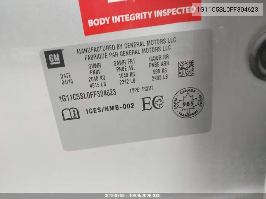 2015 CHEVROLET MALIBU VIN 1G11C5SL0FF304623 — фото 9