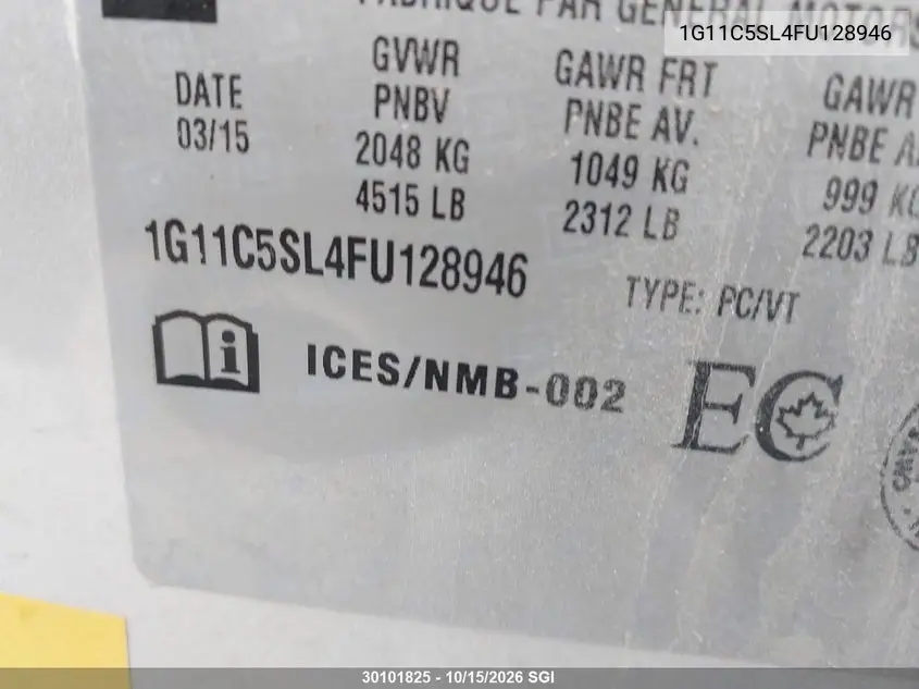 2015 CHEVROLET MALIBU VIN 1G11C5SL4FU128946 — фото 9