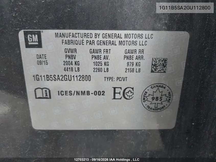 2016 CHEVROLET MALIBU VIN 1G11B5SA2GU112800 — фото 9