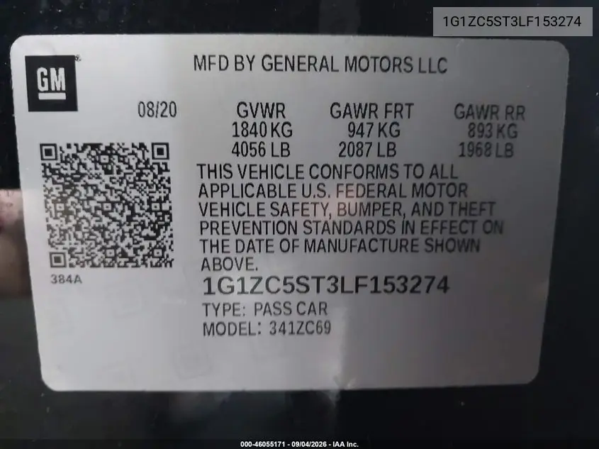 2020 CHEVROLET MALIBU VIN 1G1ZC5ST3LF153274 — фото 9
