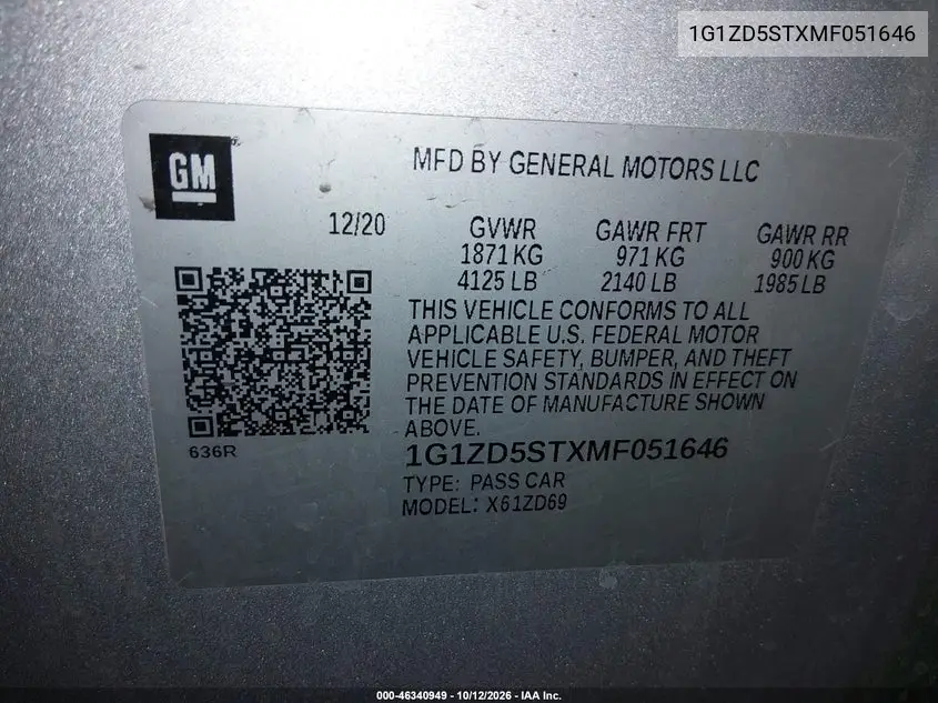 2021 CHEVROLET MALIBU VIN 1G1ZD5STXMF051646 — фото 9