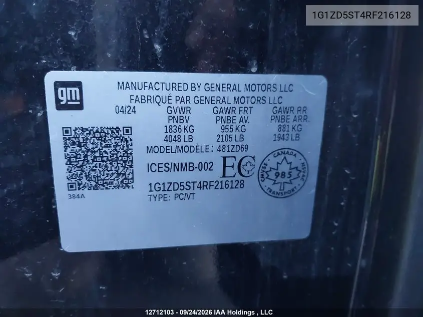2024 CHEVROLET MALIBU VIN 1G1ZD5ST4RF216128 — фото 8