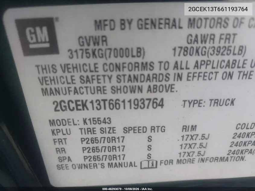 2006 CHEVROLET SILVERADO VIN 2GCEK13T661193764 — фото 9