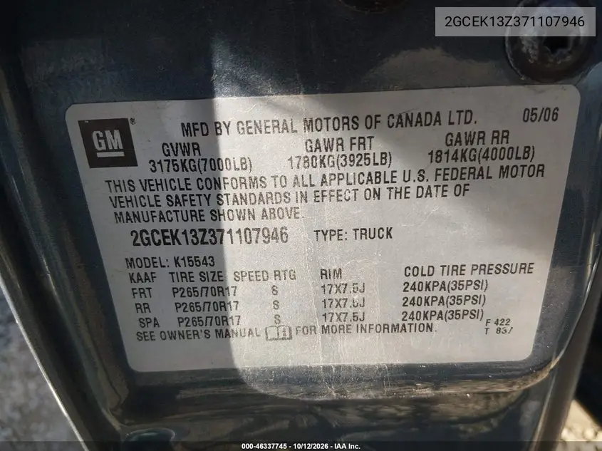 2007 CHEVROLET SILVERADO VIN 2GCEK13Z371107946 — фото 9