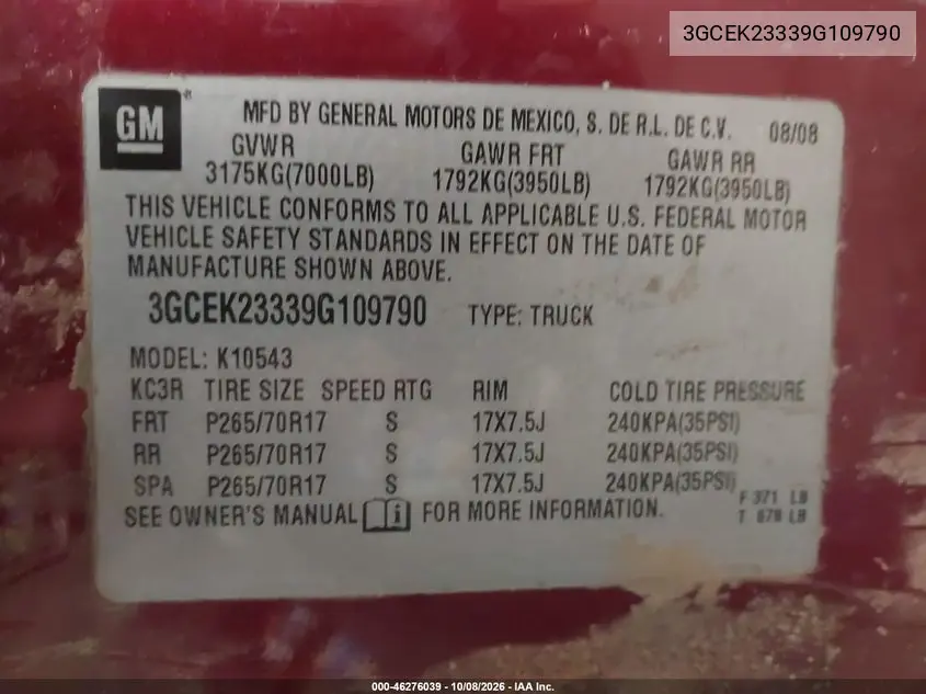 2009 CHEVROLET SILVERADO VIN 3GCEK23339G109790 — фото 9
