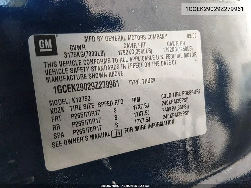 2009 CHEVROLET SILVERADO VIN 1GCEK29029Z279961 — фото 9