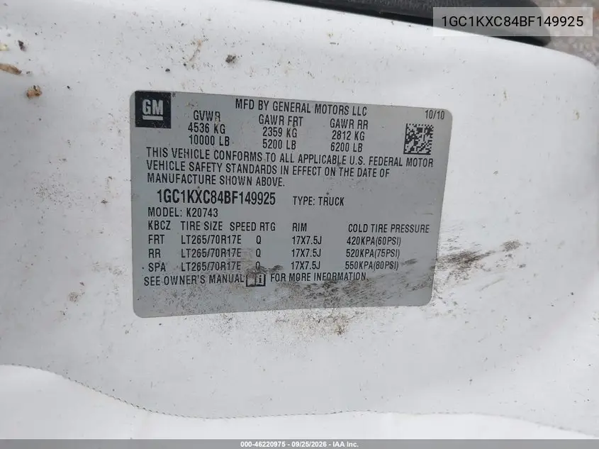 2011 CHEVROLET SILVERADO VIN 1GC1KXC84BF149925 — фото 9