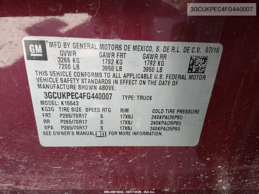 2015 CHEVROLET SILVERADO VIN 3GCUKPEC4FG440007 — фото 9