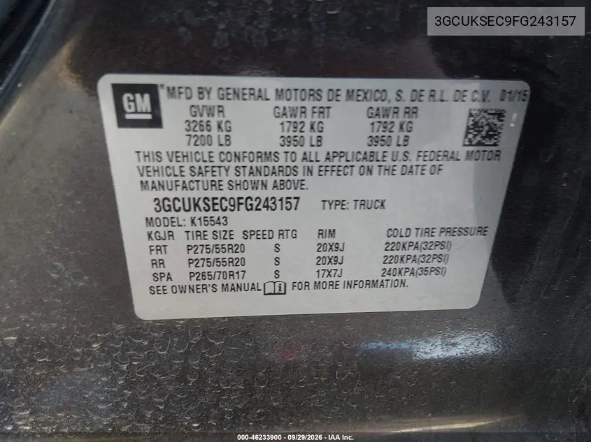2015 CHEVROLET SILVERADO VIN 3GCUKSEC9FG243157 — фото 9