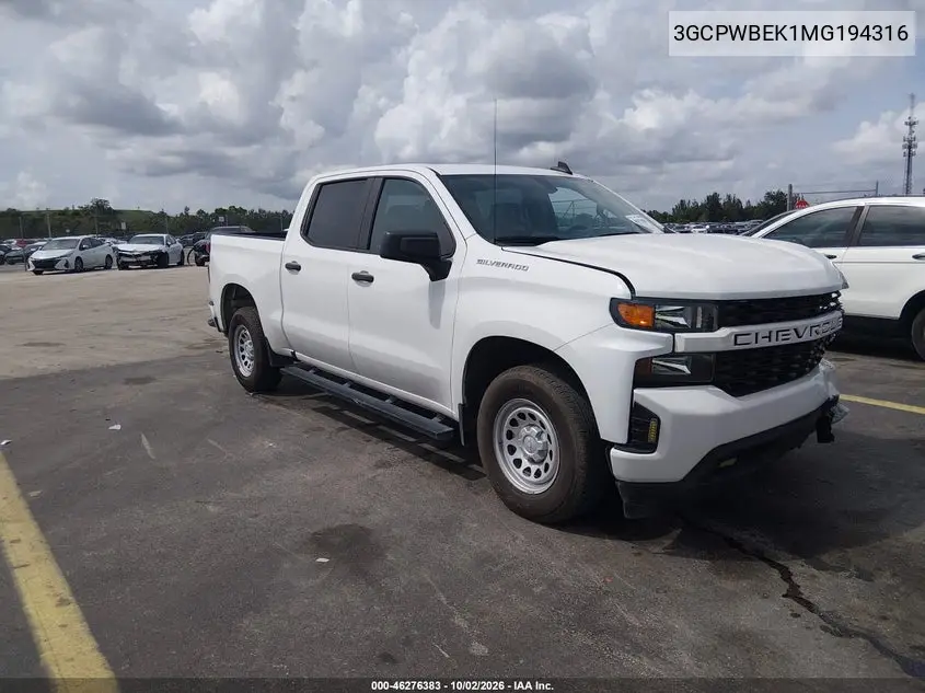 CHEVROLET SILVERADO 2021, VIN 3GCPWBEK1MG194316