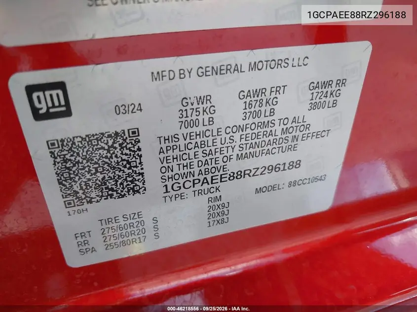 2024 CHEVROLET SILVERADO VIN 1GCPAEE88RZ296188 — фото 9