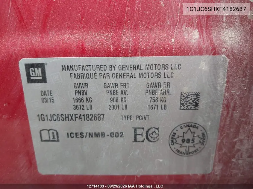 2015 CHEVROLET SONIC VIN 1G1JC6SHXF4182687 — фото 9