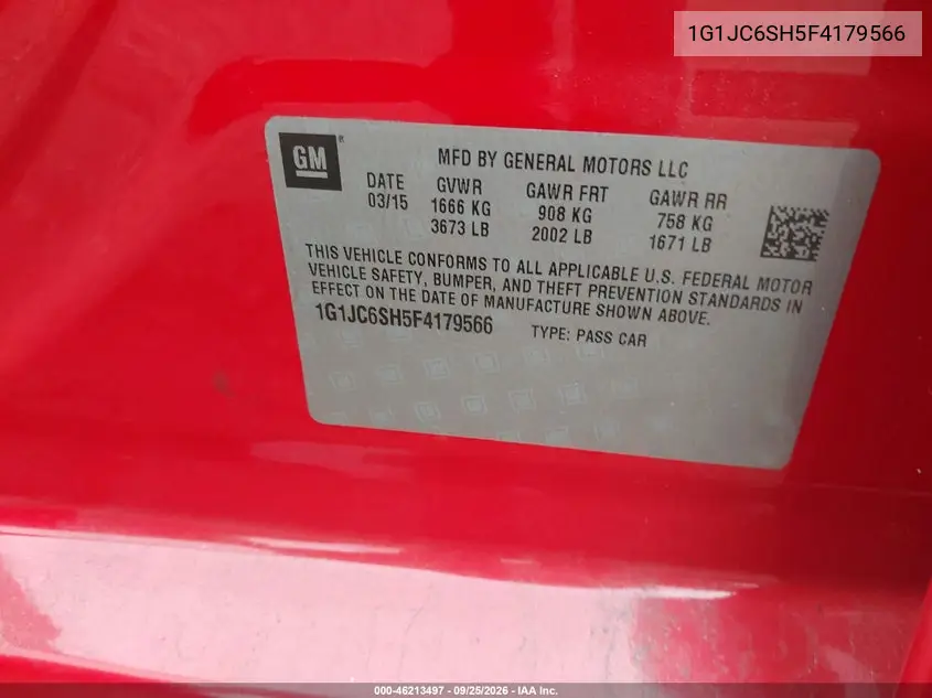 2015 CHEVROLET SONIC VIN 1G1JC6SH5F4179566 — фото 9