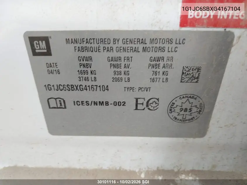 2016 CHEVROLET SONIC VIN 1G1JC6SBXG4167104 — фото 9