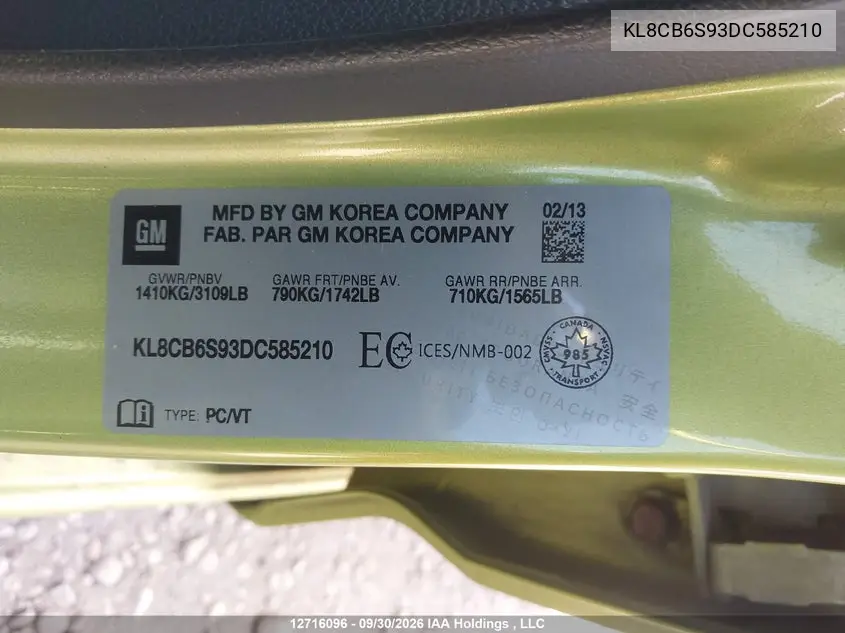 2013 CHEVROLET SPARK VIN KL8CB6S93DC585210 — фото 18