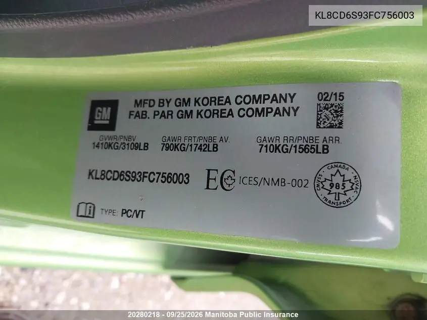 2015 CHEVROLET SPARK VIN KL8CD6S93FC756003 — фото 8