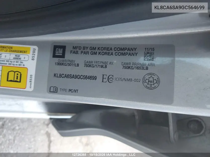 2016 CHEVROLET SPARK VIN KL8CA6SA9GC564699 — фото 9