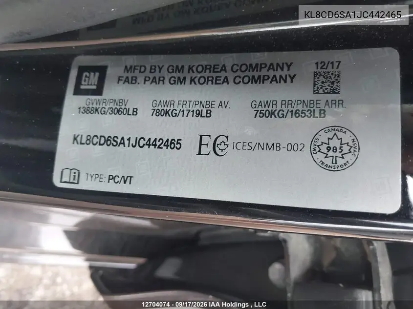 2018 CHEVROLET SPARK VIN KL8CD6SA1JC442465 — фото 9