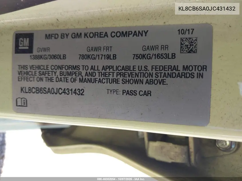 2018 CHEVROLET SPARK VIN KL8CB6SA0JC431432 — фото 9