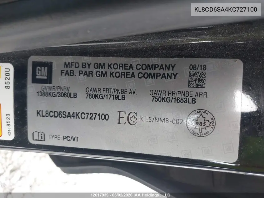 2019 CHEVROLET SPARK VIN KL8CD6SA4KC727100 — фото 9