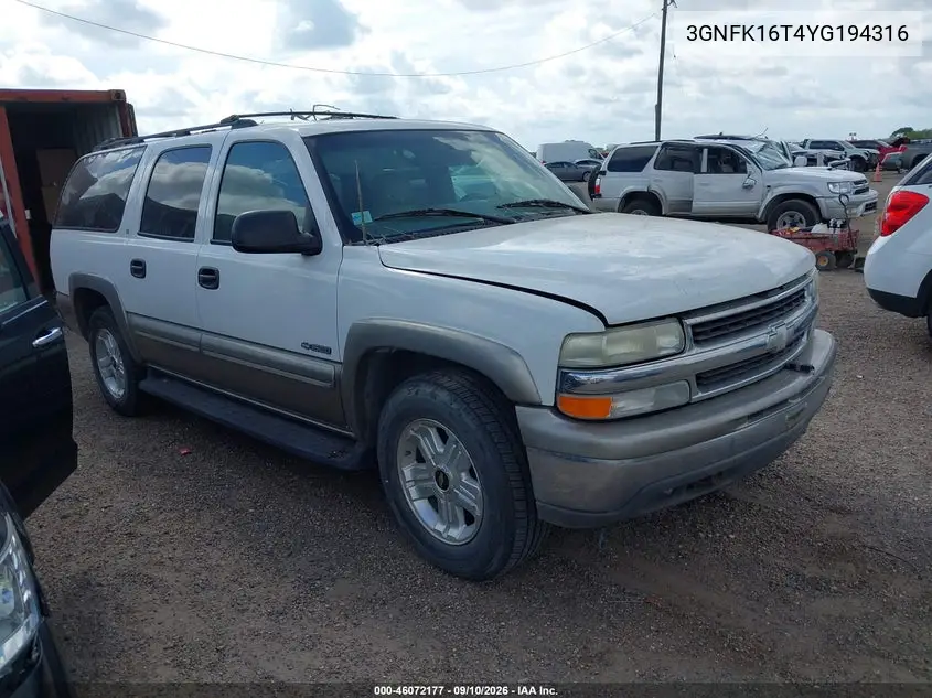 CHEVROLET SUBURBAN 2000, VIN 3GNFK16T4YG194316