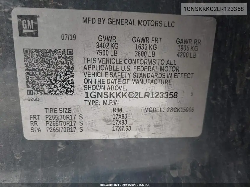 2020 CHEVROLET SUBURBAN VIN 1GNSKKKC2LR123358 — фото 9