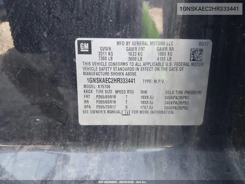 2017 CHEVROLET TAHOE VIN 1GNSKAEC2HR333441 — фото 9
