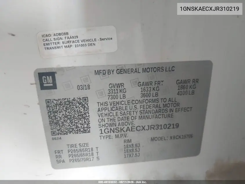2018 CHEVROLET TAHOE VIN 1GNSKAECXJR310219 — фото 9