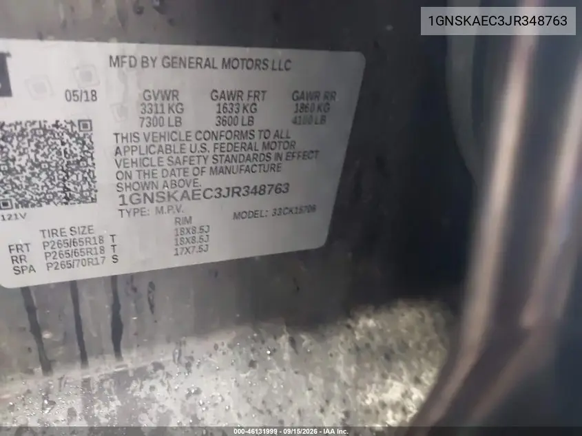 2018 CHEVROLET TAHOE VIN 1GNSKAEC3JR348763 — фото 9
