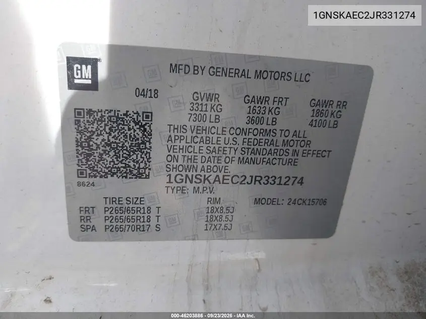 2018 CHEVROLET TAHOE VIN 1GNSKAEC2JR331274 — фото 9