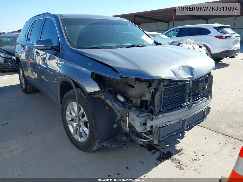 CHEVROLET TRAVERSE 2019, VIN 1GNERGKW7KJ311094
