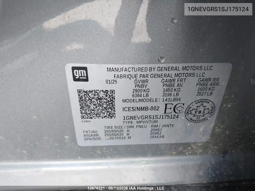 2025 CHEVROLET TRAVERSE VIN 1GNEVGRS1SJ175124 — фото 9