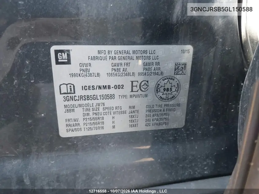 2016 CHEVROLET TRAX VIN 3GNCJRSB5GL150588 — фото 19