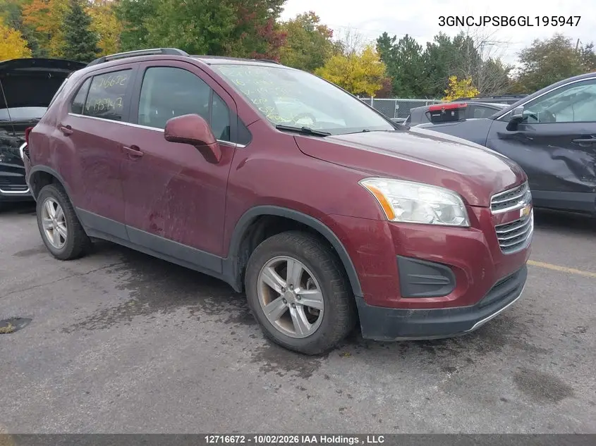 CHEVROLET TRAX 2016, VIN 3GNCJPSB6GL195947