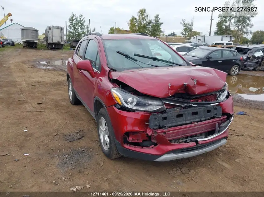 CHEVROLET TRAX 2019, VIN 3GNCJPSB7KL274987