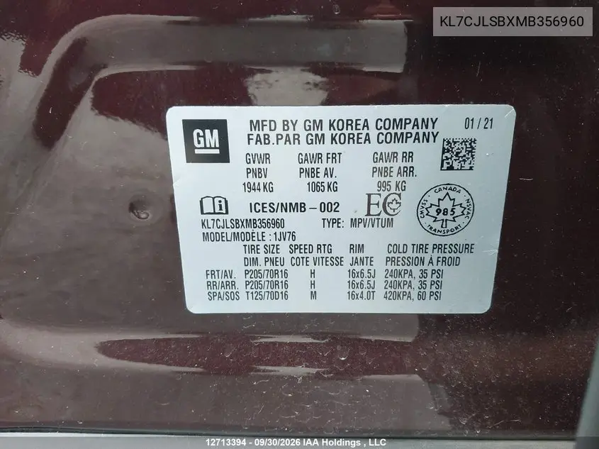 2021 CHEVROLET TRAX VIN KL7CJLSBXMB356960 — фото 19