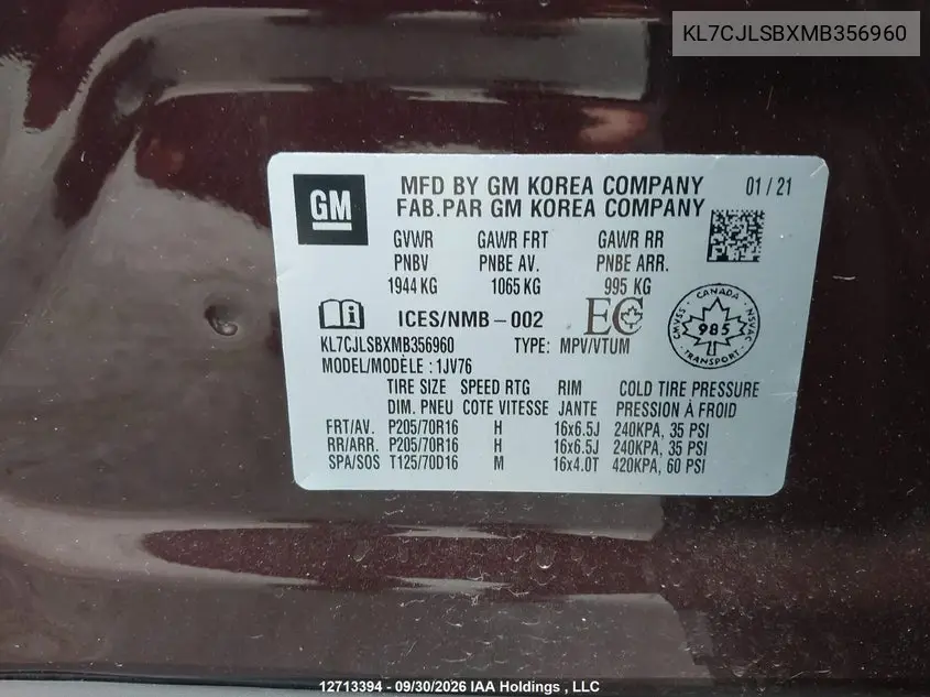 2021 CHEVROLET TRAX VIN KL7CJLSBXMB356960 — фото 9