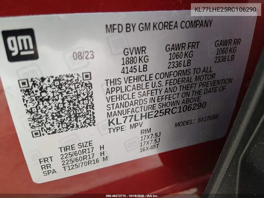 2024 CHEVROLET TRAX VIN KL77LHE25RC106290 — фото 9