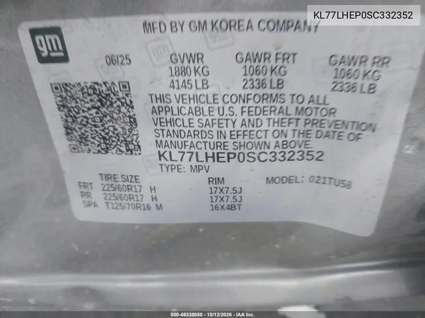 2025 CHEVROLET TRAX VIN KL77LHEP0SC332352 — фото 9