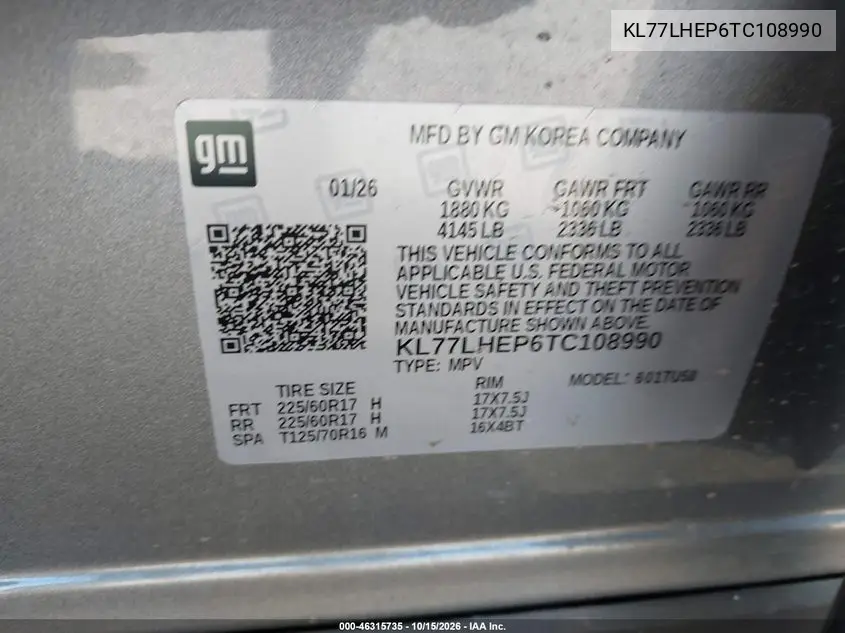 2026 CHEVROLET TRAX VIN KL77LHEP6TC108990 — фото 9