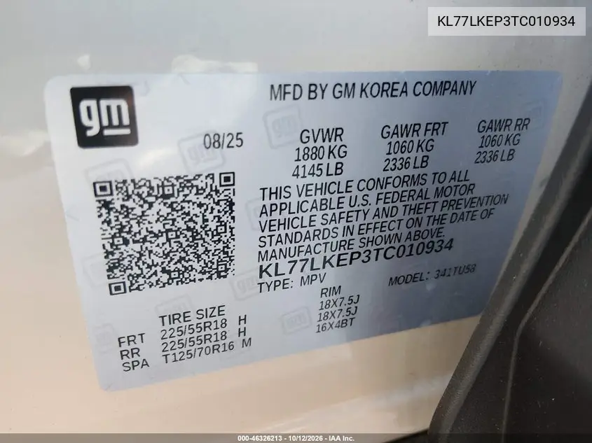 2026 CHEVROLET TRAX VIN KL77LKEP3TC010934 — фото 9