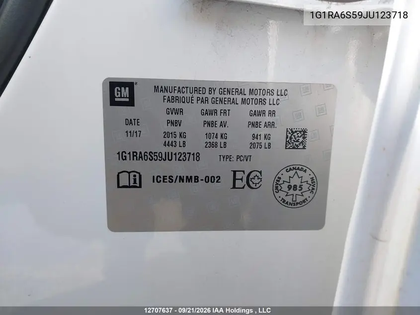 2018 CHEVROLET VOLT VIN 1G1RA6S59JU123718 — фото 18