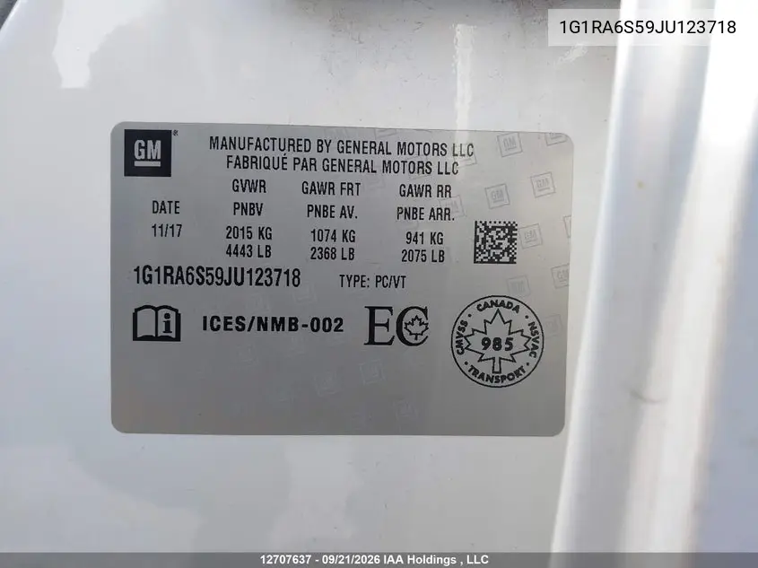 2018 CHEVROLET VOLT VIN 1G1RA6S59JU123718 — фото 9