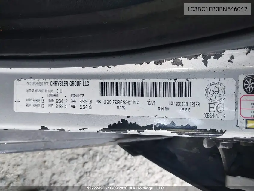 2011 CHRYSLER 200 VIN 1C3BC1FB3BN546042 — фото 9